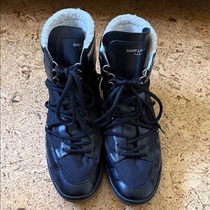 Saint Laurent Black Lace-Up Shearling Trim Women's Boots